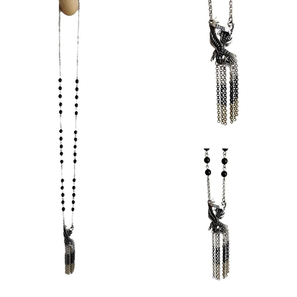 Harley-Davidson Silver & Black Bead Chain with Silver Tassel & Eagle Necklace